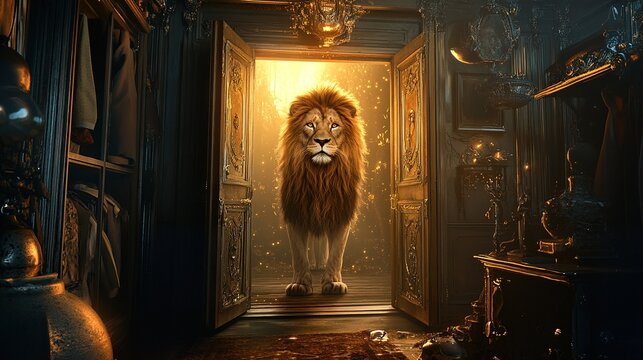 Magical Wardrobe Portal to a Fantasy Forest with Aslan