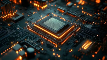 Obraz premium Microprocessor chipset central processor unit on the illumination circuit computer mainboard. Cyber and futuristic concept, hardware, AI, electronics and technology, with copy space 