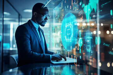 The  businessman close-up analyzing security protocols on a holographic display in a dimly lit office