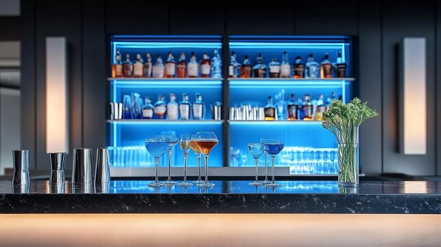 Modern Bar Counter With Various Cocktails And Bottle Shelves Illuminated By Blue Led Lights