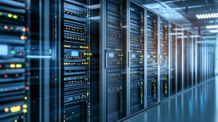 Server racks in a computer network security room, showcasing a data center environment with advanced technology and digital rendering for enhanced cybersecurity measures