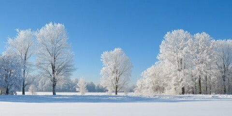 Obraz premium A snow-covered landscape with frosted trees and a clear blue sky, capturing the peaceful beauty of a winter wonder.