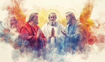 The Holy Trinity: the Father, the Son, and the Holy Spirit. Digital watercolor painting, Generative AI