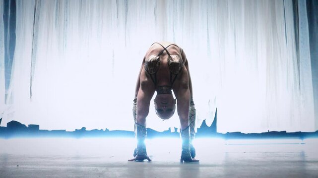 Woman Backbending With Sheer White Curtain Background