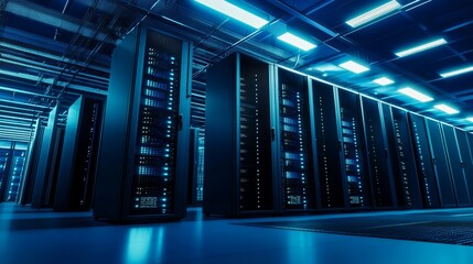 Dark data center showcasing advanced servers for cloud storage, illuminated by data signal lights, representing cutting-edge technology in digital information management and hosting services