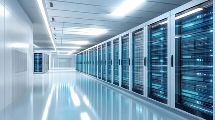 Dark data center showcasing advanced servers for cloud storage, illuminated by data signal lights, representing cutting-edge technology in digital information management and hosting services