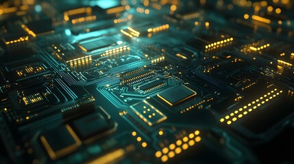Fototapeta premium Microprocessor chipset central processor unit on the illumination circuit computer mainboard. Cyber and futuristic concept, hardware, AI, electronics and technology, with copy space 