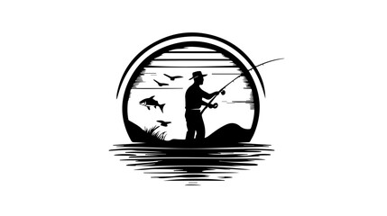 Illustration of a fisherman catching fish. Fishing.