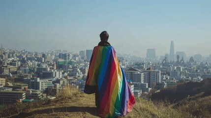 Person with Rainbow Flag in City Landscape