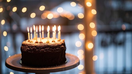 Fototapeta premium Celebratory Chocolate Cake with Lit Candles