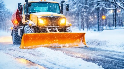 A powerful truck efficiently plows snow off the road, showcasing the importance of winter maintenance and safety in challenging weather conditions for drivers and pedestrians