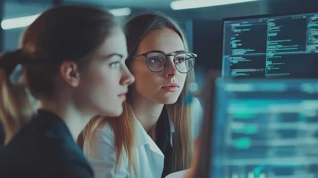 Two beautiful women collaborating in a cyber security software development department as a young manager updates a developer on an artificial intelligence safety project