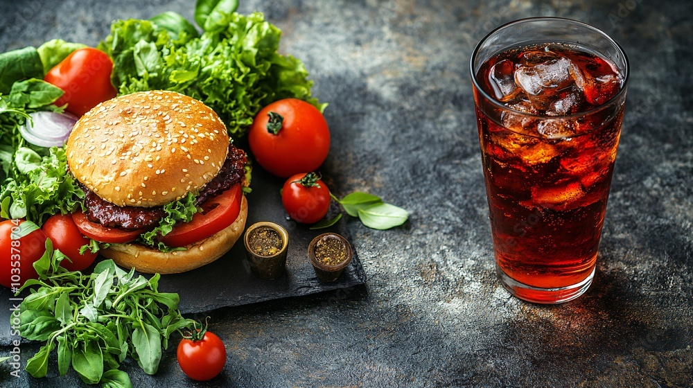 Poster Warm and toasted hamburger buns enjoyed with cold beverages in a relaxed setting Stock Photo with side copy space