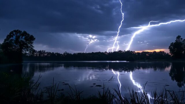 Lightning forks across the sky over tranquil lake, Video