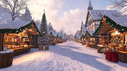 Fototapeta premium Snowy village Christmas market, with seamless stalls selling hot chocolate, ornaments, and baked goods, set against a festive winter backdrop