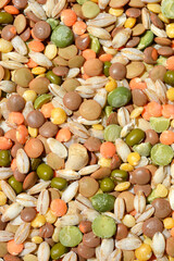 A surface covered with dry, uncooked grains and legumes - beans, red lentils, green lentils, brown lentils, barley, mung beans and peas
