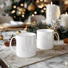 White mug on the holiday table. Mockup of a couple white mugs on the table. White mug mockups on the kitchen desk.	