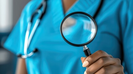 Healthcare professional holding a magnifying glass for detailed examination, wearing a blue scrubs outfit.