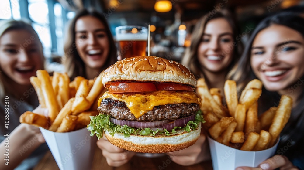Poster cheeseburger oozing with flavor enjoyed by a group of friends in a lively setting stock photo with s