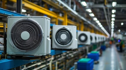Fototapeta premium Hvac units on assembly line in a factory, showcasing production efficiency.