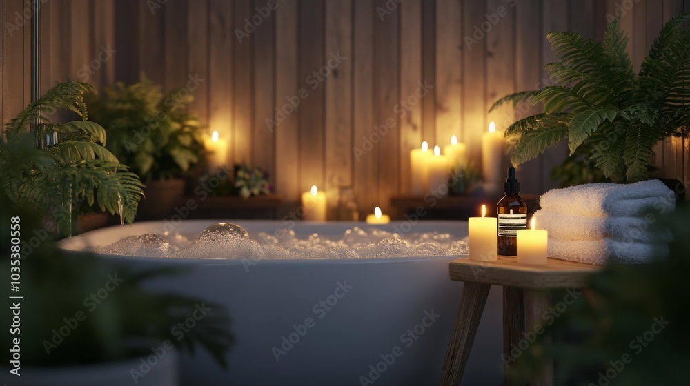 Aufkleber a serene spa setting features a bubbling hot tub surrounded by lush plants and candles, creating a t