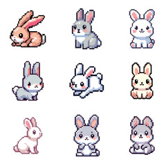 set collection cute bunny rabbit pixel art 8bit in vector 
