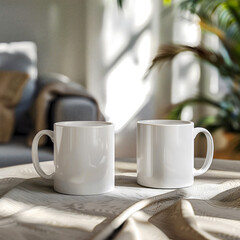 White mug on the holiday table. Mockup of a couple white mugs on the table. White mug mockups on the kitchen desk.	