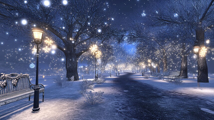 Winter wonderland with sparkling lights in a snowy park at night