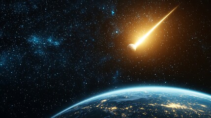 Fototapeta premium A captivating view of a bright meteor shower streaking across the night sky, illuminating the Earth below. Experience the beauty of cosmic phenomena.