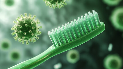 A close-up of a green organic toothbrush showcases its intricate design, surrounded by floating coronavirus particles, highlighting hygiene and health in a clean setting