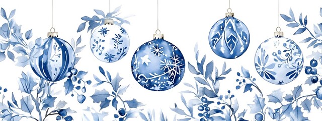 Watercolor blue and white christmas ornament pattern with greenery, white background