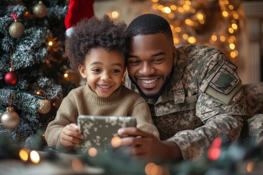 Little boy video calling his military father at Christmas, Generative AI - Powered by Adobe