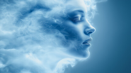 A woman's face is shown in a blue and white color scheme, with a blue smokey background. Concept of mystery and intrigue, as the woman's face is obscured by the smoke