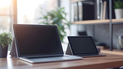 Fototapeta premium Laptop and Tablet on Wooden Desk with Plant and Sunlight