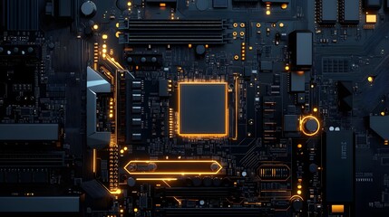 Microprocessor chipset central processor unit on the illumination circuit computer mainboard. Cyber and futuristic concept, hardware, AI, electronics and technology, with copy space 
