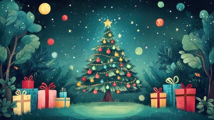 Whimsical illustration of a Christmas tree adorned with colorful lights and ornaments, surrounded by gifts and holiday cheer