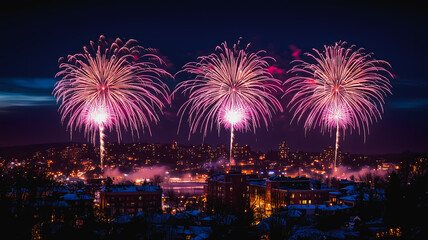 Obraz premium Pink fireworks exploding over a city skyline at night