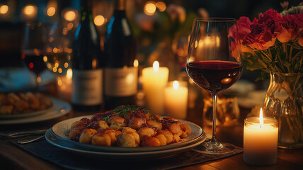 romantic dinner table, soft candlelight, red wine on the table, special dish, fresh flowers in a vase, love and happiness, intimate and joyful dining experience