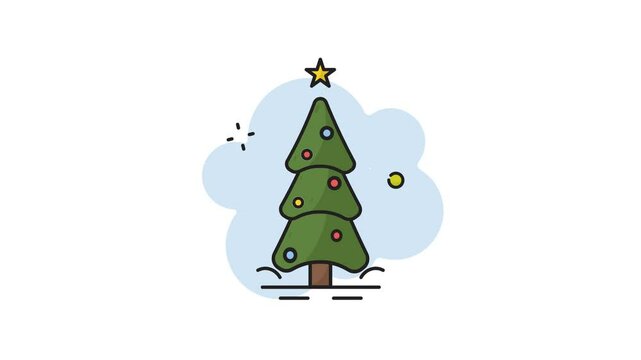 pine tree christmas line art color animation 2d video for celebration x mas , decoration winter holiday icon animated footage motion graphic illustration design