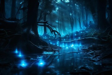 A night in a sparkling magical forest. magical flowers and magical trees. fairy tale concept.	