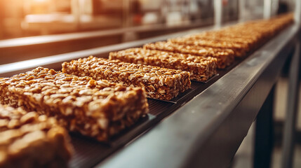 Nutritious granola bars on a conveyor belt in a production facility