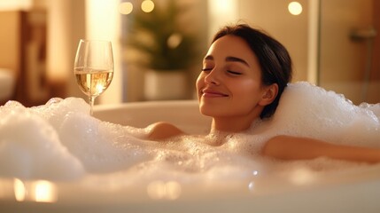 A woman enjoys a tranquil bubble bath, immersed in frothy suds, while savoring a glass of wine. Soft lighting creates a calming atmosphere, enhancing her moment of relaxation and self-care.