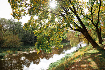 Golden autumn landscape with reflection in the river, Brest Fortress