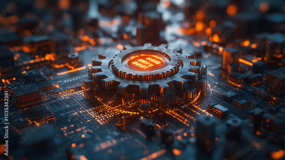 Poster a computer chip with a glowing red circle on it. the image is of a cityscape with a lot of lights an