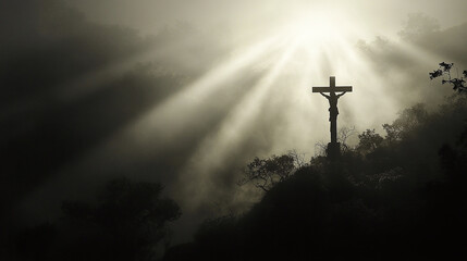 silhueta de Jesus Cristo cruz e leão, raios de luzes douradas vindos do céu, fumaça no ar, gloriosa atmosfera dourada de fé