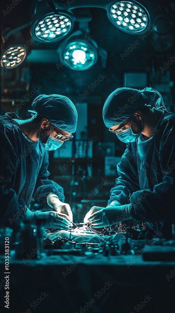 Poster Surgeons preparing for a procedure in a well-lit operating room surrounded by high-tech equipment Stock Photo with side copy space