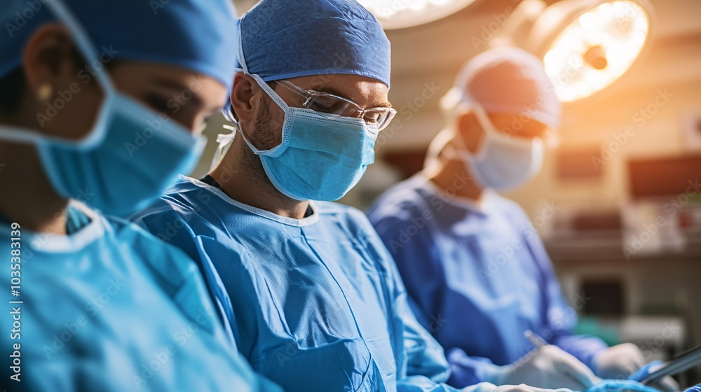 Poster surgeons preparing for a procedure in a well-lit operating room surrounded by high-tech equipment st