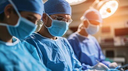 Surgeons preparing for a procedure in a well-lit operating room surrounded by high-tech equipment Stock Photo with side copy space
