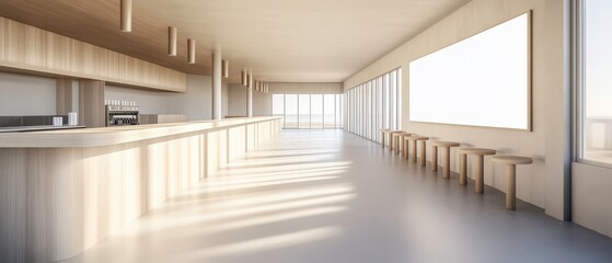 Obraz premium A large, empty room with a wooden bar and a few stools