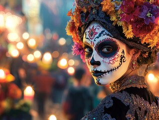 Elegant Sugar Skull-Inspired Art: A Cultural Celebration in Candlelight Perfect for Sports Interior Decor and Artistic Posters